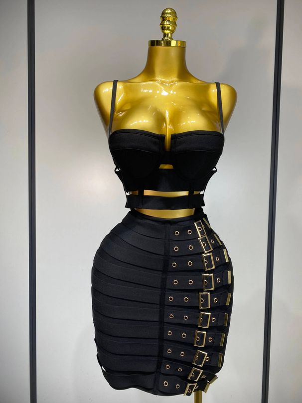 Women Sexy Black Cut Out Bodycon Bandage Skirt Two Piece Set Celebrity High Streeet Evening Birthday Club Party Outfits 2GSH_ecoleips.com