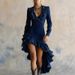 Elegant Ruffled Waist Pleat Long Dress Women's Fashion Irregular Solid Slim Party Dress Sexy V-neck Long Sleeve Wash Denim Dress_ecoleips.com