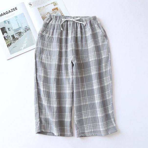 2026summer Couple 100% Cotton Crepe Cloth Shorts Multicolor Large Size Loose Plaid Men's Home Pants Cropped Pants Ladies Bottoms_ecoleips.com