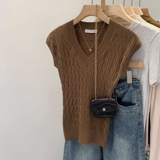 Women's Korean Style V Neck Sleeveless Knitted Vest Gentle Elegant Slim Fit Summer Top New 2026 Style_ecoleips.com