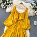 Women's French Style Resort Square Neck Puff Sleeve Dress Summer Yellow Ruffles Fitted Waist Full Skirt_ecoleips.com