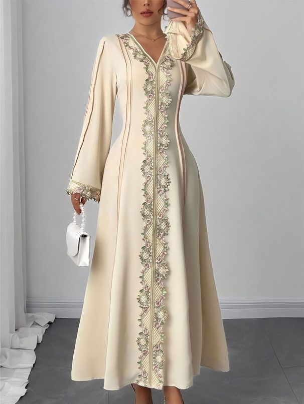 Cross-border Middle Eastern Women's Elegant Lace-trimmed Robe Dress, New Loose-fitting Fashionable Long Dress_ecoleips.com