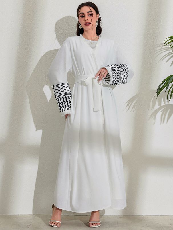 Muslim Clothing Fashion Elegant Pocket Cardigan Embroidered Color Block Black And White Dress Robe_ecoleips.com