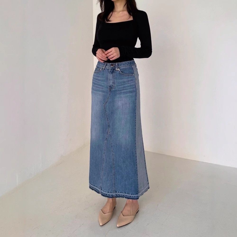 Retro High-Waisted Slimming Denim Skirt For Women With Frayed Edge Slit A-Line Summer Style Casual Elegant Fashion Street Style_ecoleips.com