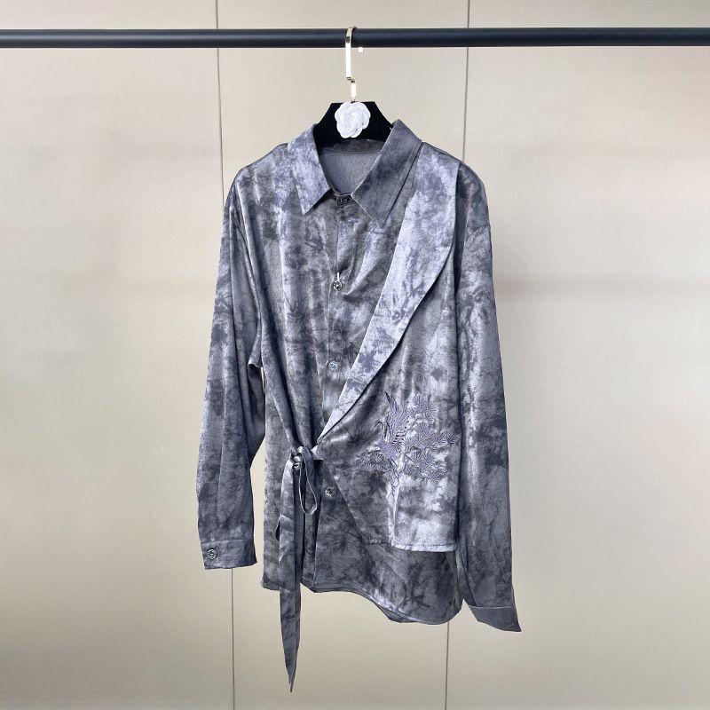 Women's Tie Dye Long Sleeve Shirt Turn down Collar Tie Waist Loose Fit Versatile Fashionable Top New Style_ecoleips.com