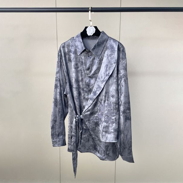 Women's Tie Dye Long Sleeve Shirt Turn down Collar Tie Waist Loose Fit Versatile Fashionable Top New Style_ecoleips.com