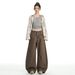 Aria Basics Autumn New American Retro Deconstructed Silhouette Scimitar Cargo Pants Women's Coffee Color Long Jeans_ecoleips.com