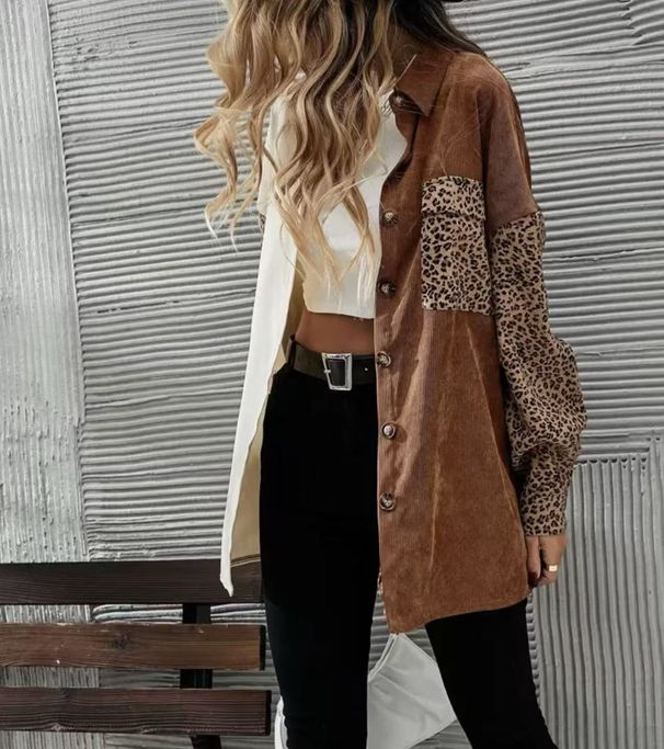Women's Leopard Print Lapel Cardigan Long Sleeve Shirt Jacket Autumn Top European American Style With Pockets_ecoleips.com