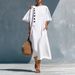 Women's Clothing Solid Color Linen Round Neck Short Sleeved Slimming Retro Casual Midi Dress For Women Plus Size_ecoleips.com