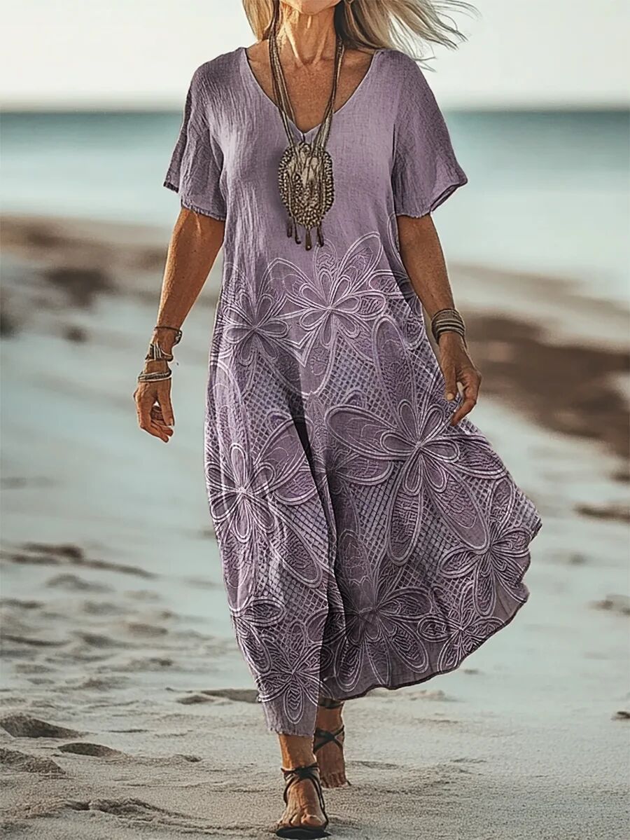 Creative Floral Women's Summer V-Neck Short Sleeve Dress, Mid-Length Dress_ecoleips.com