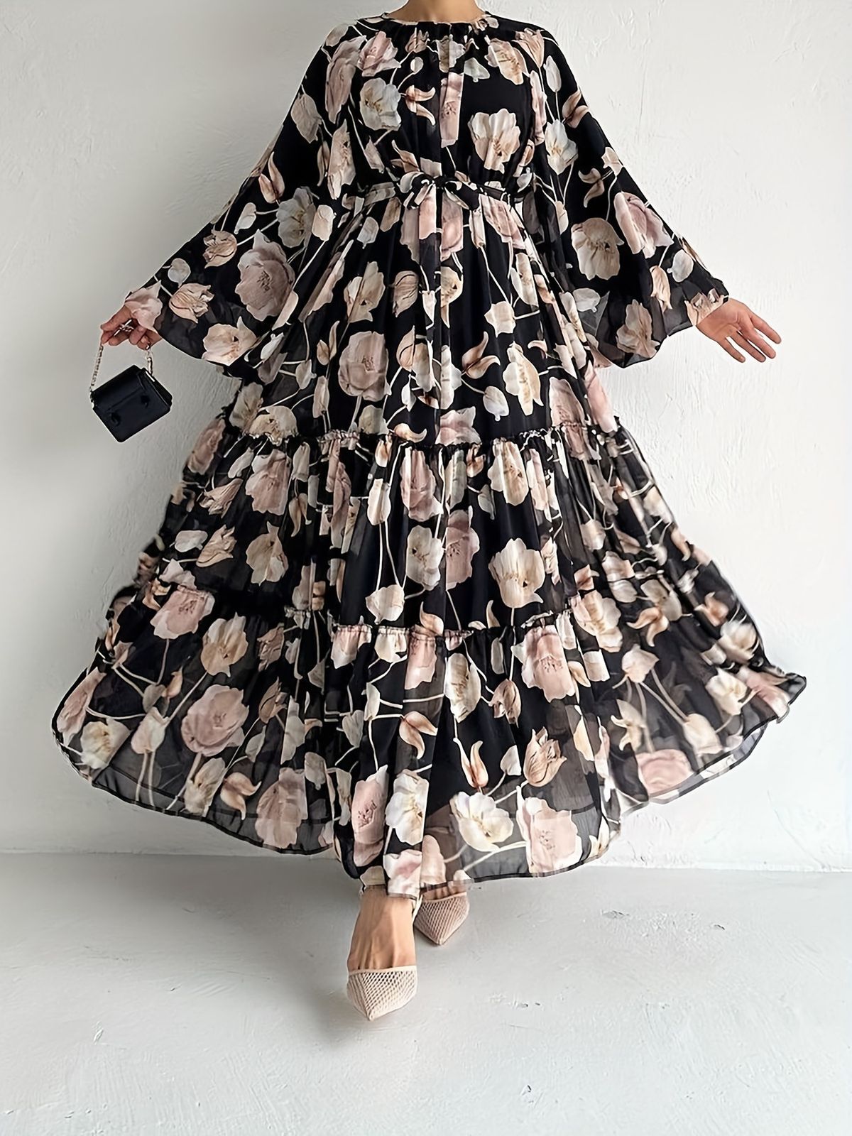 Women's Clothing Middle East Muslim women's clothing new chiffon flower print long fashionable and elegant dress_ecoleips.com