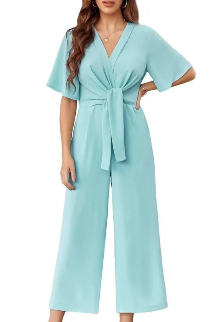 Women's Clothing Summer Women's Solid Color V Neck Jumpsuit Simple Design Short Sleeved Clothing For Ladies_ecoleips.com