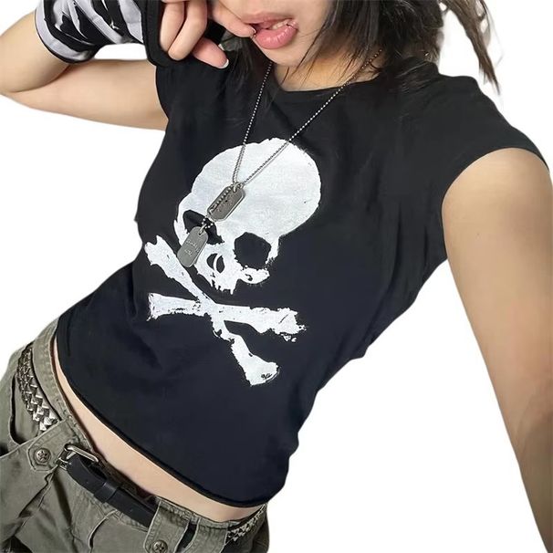 Cross-border American New Skull Print T-shirt, Summer Gothic Style Slim-fit Round-neck Short-sleeve Top For Hot Girls_ecoleips.com