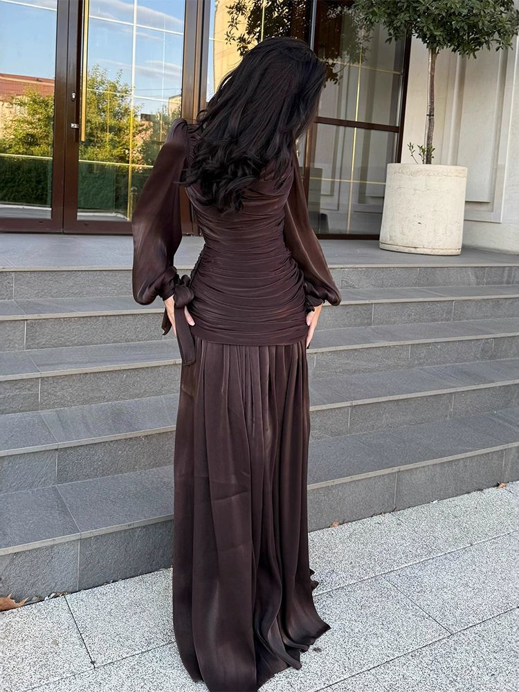 Women's Fashion Draped Design Solid Long Dress 2026 Casual Commute Waist Party Dresses Elegant O-neck Long Sleeve Evening Dress_ecoleips.com