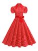 Women's Polka Dot Dress With Bow Belt Short Sleeve High Waist Elegant Retro Printed Fashion Midi Dresses_ecoleips.com