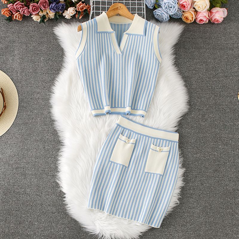 Women's Clothing College Style Striped Contrast Color Lapel Sleeveless Knitted Sweater Vest Top + Skirt_ecoleips.com