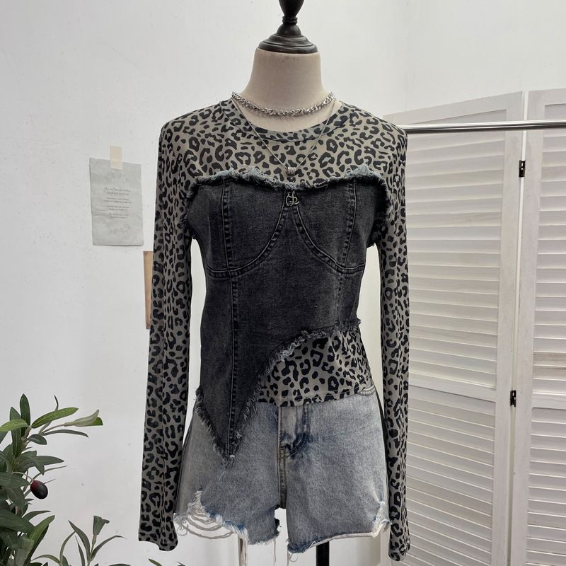 Women's Clothing Real Shot Fashion Leopard Print Perspective Hot Girl Mesh Splicing Denim Irregular Bottoming Shirt Short Top_ecoleips.com