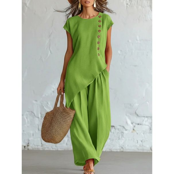 Women's Bohemian Two-Piece Set Round Neck Button Down Short Sleeve Top And Wide Leg Pants Beach Vacation American Style_ecoleips.com