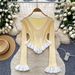 Women's Black White Ruffle Trim Knit Top - Long Sleeve V Neck Slim Fit Ribbed Sweater For Daily & Party_ecoleips.com