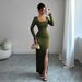 Elegant High-Waisted Split Hem Knit Dress - U-Neck Long Sleeve Slim Fit Stretchy Polyester Blend For Women (Black, Coffee, Army Green)_ecoleips.com