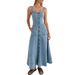 New Denim Mid Length Dress Suspenders Backless Temperament Commuter Long Skirt_ecoleips.com