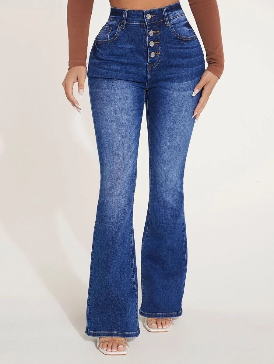 Women's Clothing Multi Button High Waist Elastic Micro Flared Jeans Women's Trousers_ecoleips.com