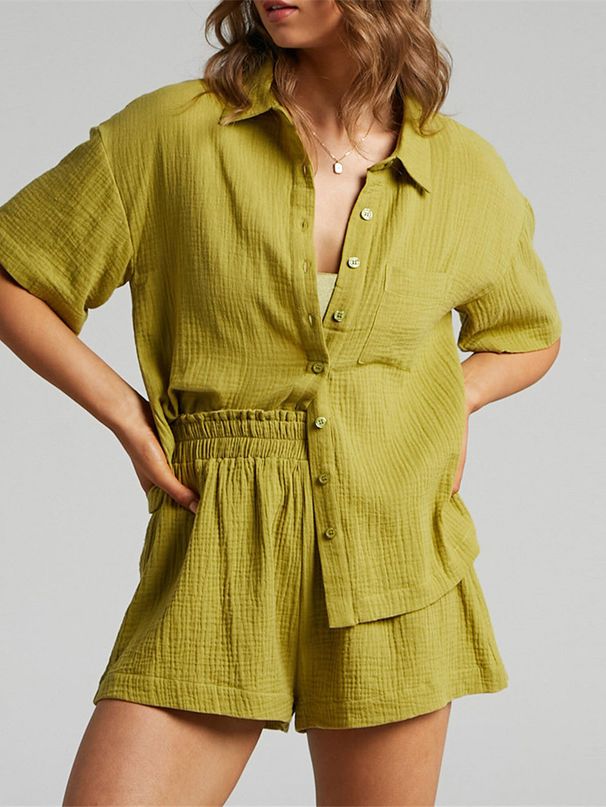 Women's Clothing Women's Spring And Summer Fashion Shorts Two Piece Solid Color Shirt Suit Female Casual Loose_ecoleips.com