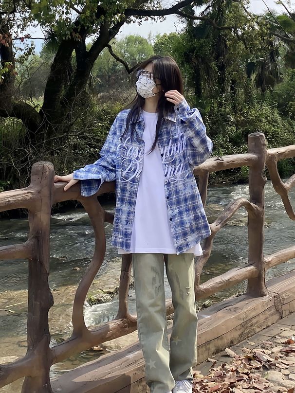 Verve American Street Style Letter Embroidery 2025 New Plaid Shirt Spring Summer Design Niche Blue Top Jacket_ecoleips.com