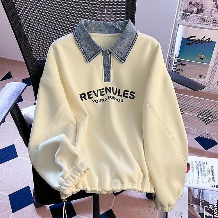 UNMUN Denim Polo Collar Sweatshirt For Women, Autumn Winter, Fleece-lined Thickened, 2026 New Model, Oversized, Loose_ecoleips.com
