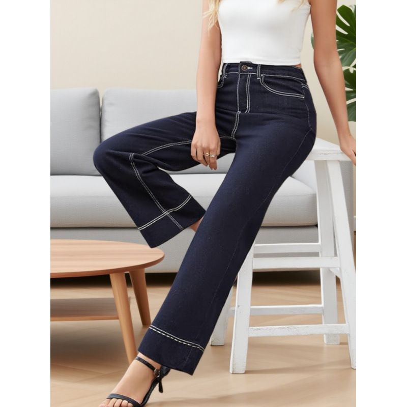 High Waisted Straight Leg Jeans for Women Dark Navy Blue with High Stitch Decoration New Style 2025 Factory Direct Wholesale_ecoleips.com
