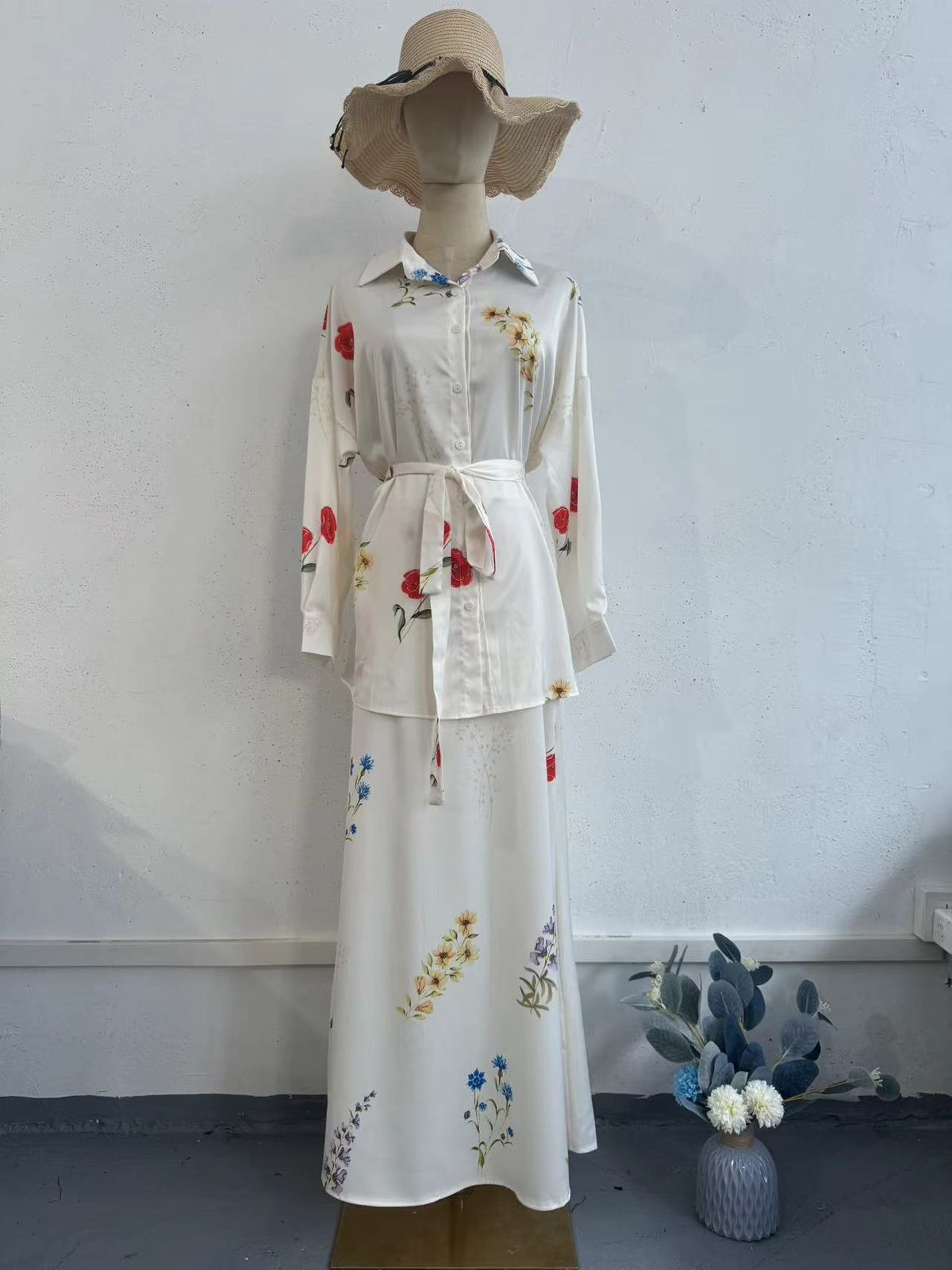 Women's Clothing Women's Lace Up Thin Long Skirt Casual Silky Two Piece Suit Flower Print Fashion_ecoleips.com