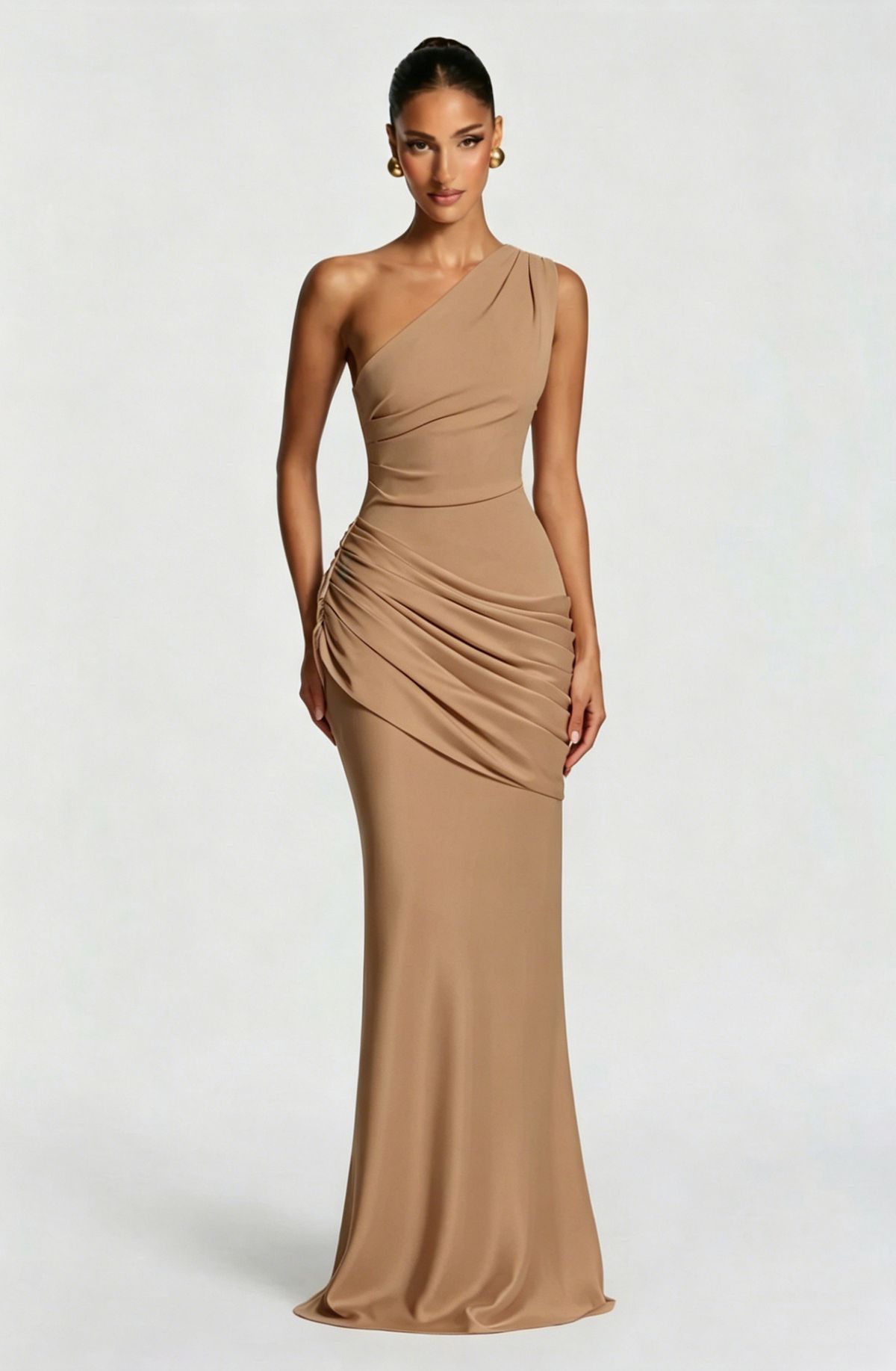 Women's Clothing Elegant One Shoulder Asymmetrical Neckline Pleated Satin Long Dress Style High Waisted Slim Fit Bodycon_ecoleips.com
