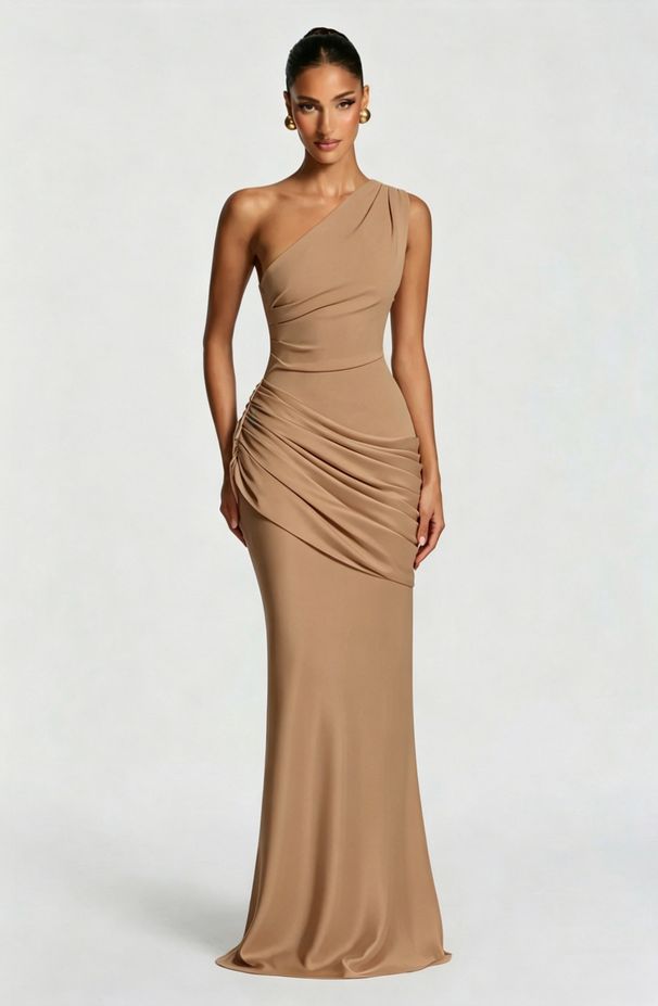 Women's Clothing Elegant One Shoulder Asymmetrical Neckline Pleated Satin Long Dress Style High Waisted Slim Fit Bodycon_ecoleips.com