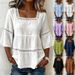 Women's Clothing Women's Casual Square Neck Top Summer Solid Color Cotton Linen Blend Lace Trim Three Quarter Sleeve Short Length_ecoleips.com