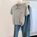 Elegant Women's Knit Short-Sleeve Top in Gray with Lapel Bow Tie Slim Fit Breathable Stylish Fashion for Ladies_ecoleips.com