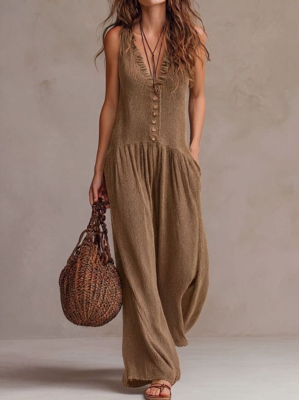 Women's Bohemian Wide-Leg Jumpsuit – V-Neck Sleeveless Romper With High Elasticity & Wrinkle-Free Polyester – Flowy & Comfortable For Summer_ecoleips.com