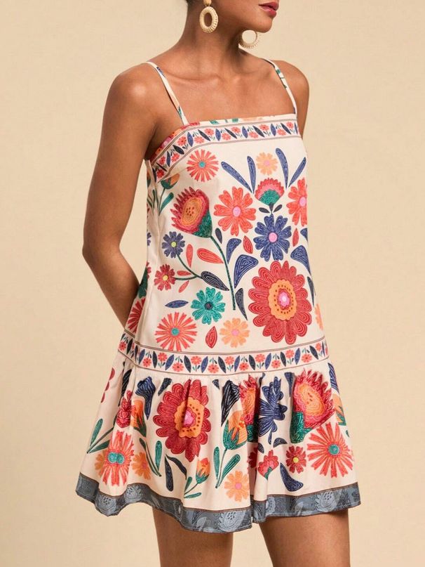 Women's Printed Bohemian Flowy Camisole Dress Casual Loose Vacation Style European And American Fashion_ecoleips.com