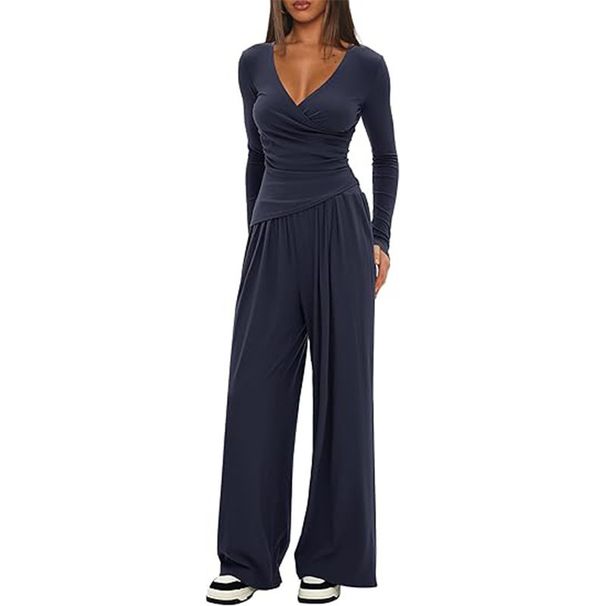 Women's Clothing Women's Casual 2 Piece Set Cross Border Solid Color V Neck Long Sleeve Wide Leg Pants Sporty Matching Outfit_ecoleips.com