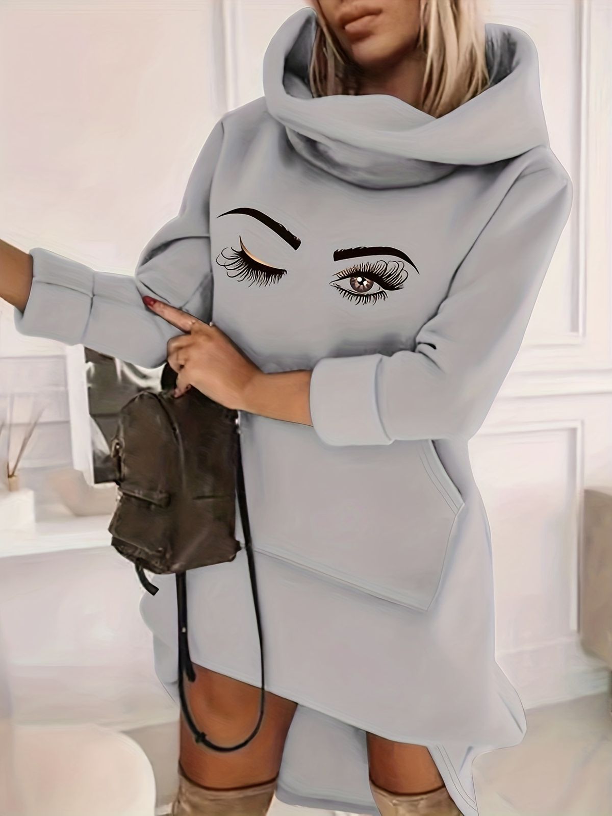 Elegant High Neck Long Sleeve A-Line Dress With Eyelet Pattern For Women, Plus Size Flattering Midi Dress_ecoleips.com