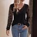 European And American Cross-border 2026 Lace V-neck Patchwork Loose Long-sleeve Solid Color T-shirt Slimming Top_ecoleips.com