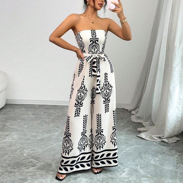 Women's Clothing Spring And Summer Printed Jumpsuit Wide Leg Slim Fitting Lace Up Jumpsuit_ecoleips.com