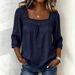 2026 New Summer Solid Color Casual Square Neck Lace Trim Three-Quarter Cotton-Linen Short Sleeve Top For Women On_ecoleips.com