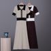 Women's French Retro Color Blocked Polo Collar Short Sleeve Knit Dress Summer Style Fitted Sweater_ecoleips.com