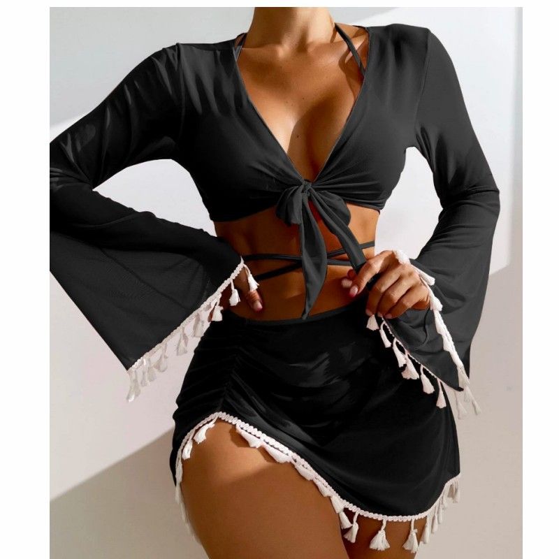 Verve 2024 New Thai Conservative Swimsuit For Women Ins Style Tassel Mesh Cover-Up Skirt Four-Piece Bikini Set_ecoleips.com
