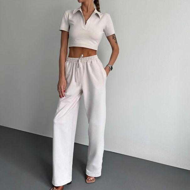 Women's Clothing Summer New Women's Hot Selling Leisure Suits Solid Color Short Waist Baring Tops Lace Up Sports Pants For Women_ecoleips.com