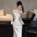 Silver White Off-Shoulder Fitted Mermaid Gown Long Sleeved Elegant Sophisticated Bridal Toast Dress for Travel Photography_ecoleips.com
