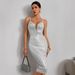 Women's Clothing Sexy V Neck Solid Color Hip Wrapped Medium Length Banquet Evening Dress_ecoleips.com