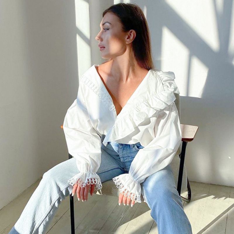 Autumn Women's Shirt With Deep V-Neck, Wooden Edge, Long Sleeves, Elegant And Fashionable, Patchwork Lace Lining_ecoleips.com