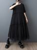 Mesh Patchwork Black Vintage Dresses For Women 2025 Summer New Short Sleeve Casual Loose Long Dress Fashion Elegant Clothing_ecoleips.com