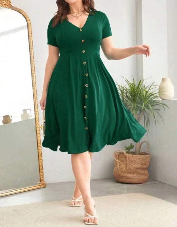 Spring/Summer Solid Color Midi Dress For Women Sexy V Neck Slim Waist Short Sleeve_ecoleips.com